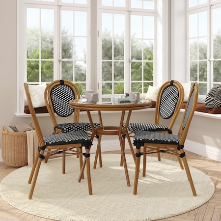 Flash Furniture Lourdes French Bistro 31.5in. Table, Black and White PE Rattan, Glass Top w/4 Stack Chairs SDA-AD641012-80-4002S-BKWH-NAT-GG